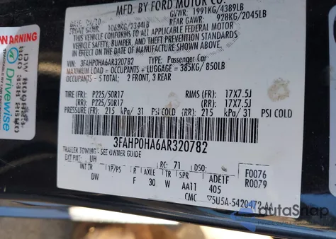 2010 Ford Fusion Se z USA, uszkodzony, nr VIN 3FAHP0HA6AR320782